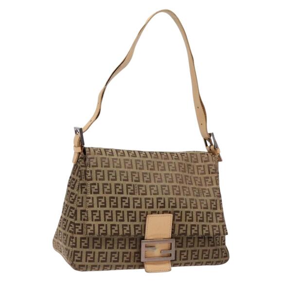 FENDI Zucchino Canvas Mamma Baguette Shoulder Bag Brown Silver - Picture 1 of 14